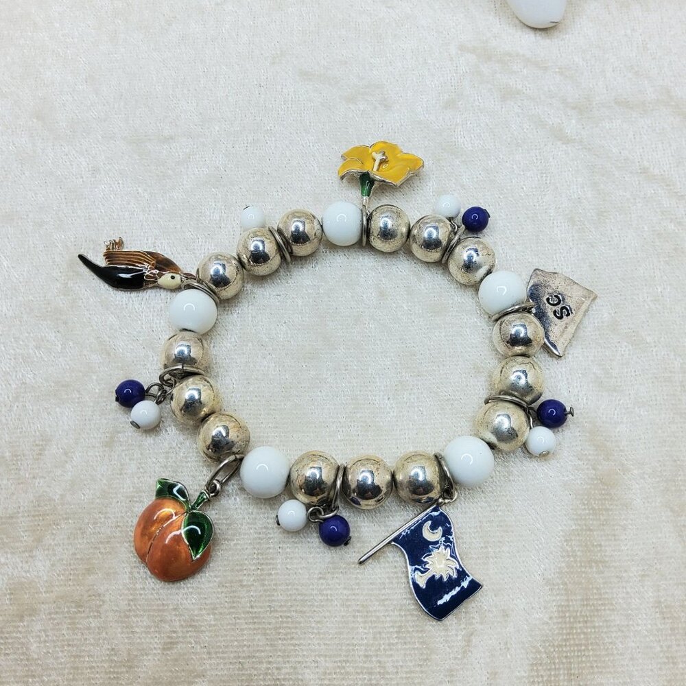Vintage Style South Carolina Theme Silver Charm Beaded Bracelet With Enamel Char